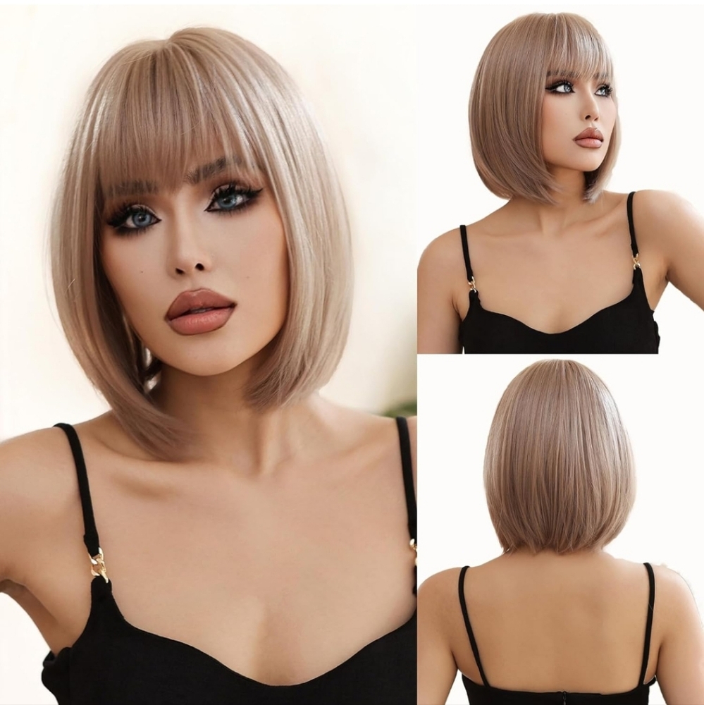 Short Straight Mixed Blonde Bob Wig With Bangs Shoulder Length Synthetic 14 inch